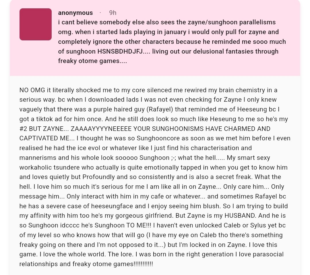 jaevanly's tweet photo. #askjam i cant believe somebody else also sees the zayne/sunghoon parallelisms omg. when i started lads playing in january i would only pull for — NO OMG it literally shocked me to my core silenced me rewired my brain chemistry in a serious way... https://t.co/R37EKz8NTW https://t.co/X9CscQ1TpX