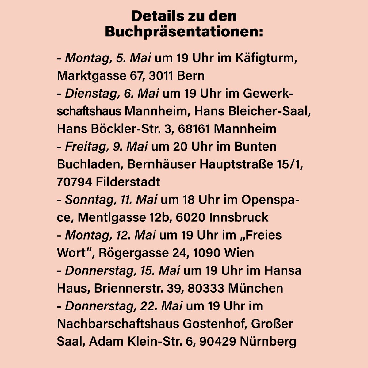 Wir freuen uns, die Termine der Buchpräsentationen von "Völkermord in Gaza" im Mai anzukündigen: 
Mehr Details zum Buch hier: mediashop.at/buecher/voelke…
#Gaza #Israel