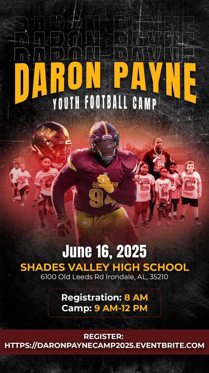 ๐๐๐๐๐๐จ ๐๐๐ก๐ก๐๐ฎ ๐๐ค๐ช๐ฃ๐ฉ๐๐๐จ (@svmounties) on Twitter photo The Daron Payne Youth Football Camp is coming to Shades Valley on June 16th! All those interested make plans to attend!๐ดโซ๏ธ๐ <a href="/94yne/">Daron Payne</a> <a href="/ShadesValleyFB/">Shades Valley Football</a> <a href="/CoachBates7/">George Bates</a> The Daron Payne Youth Football Camp is coming to Shades Valley on June 16th! All those interested make plans to attend!๐ดโซ๏ธ๐ <a href="/94yne/">Daron Payne</a> <a href="/ShadesValleyFB/">Shades Valley Football</a> <a href="/CoachBates7/">George Bates</a>