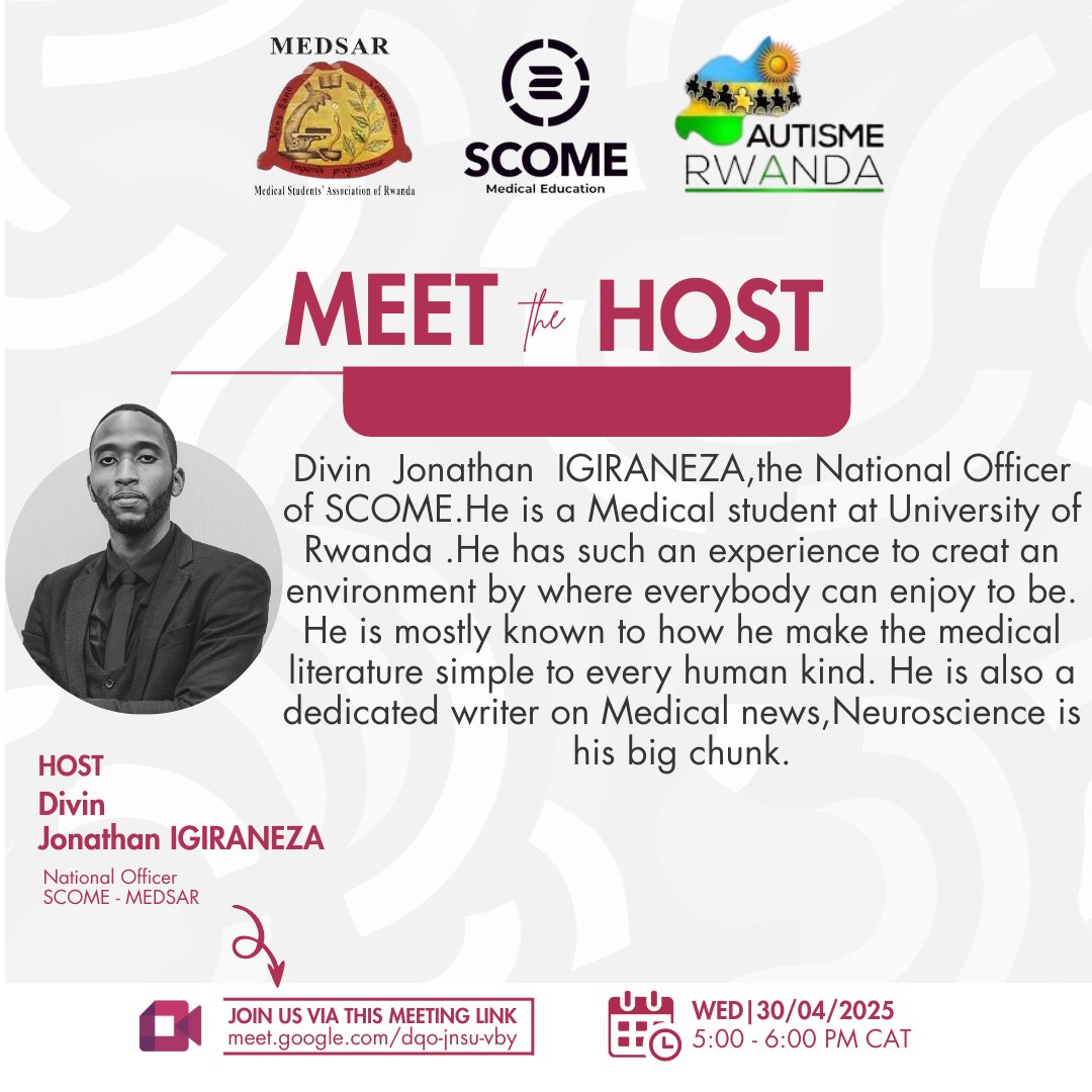 SCOME Rwanda (@scome_rwanda) on Twitter photo The time has come,Join us by 5 PM CAT by where the founder <a href="/AutismeRwanda/">Autisme Rwanda</a> and <a href="/JRukabyarwema/">Jean Paul RUKABYARWEMA</a> will be hosted by our NOME <a href="/DivinJonathan/">Divin Jonathan IGIRANEZA</a> . It will be such a deep dive from experience of more than 2 decades from speakers. Never miss such a once-in-life moment. The time has come,Join us by 5 PM CAT by where the founder <a href="/AutismeRwanda/">Autisme Rwanda</a> and <a href="/JRukabyarwema/">Jean Paul RUKABYARWEMA</a> will be hosted by our NOME <a href="/DivinJonathan/">Divin Jonathan IGIRANEZA</a> . It will be such a deep dive from experience of more than 2 decades from speakers. Never miss such a once-in-life moment.