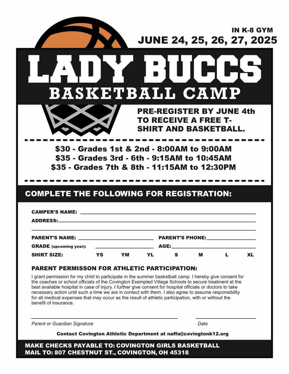 The Covington Girls Basketball program will be holding their annual youth camp this summer on June 24th, 25th, 26th, and 27th  Please see the flyers below for more information.  #BuccPride