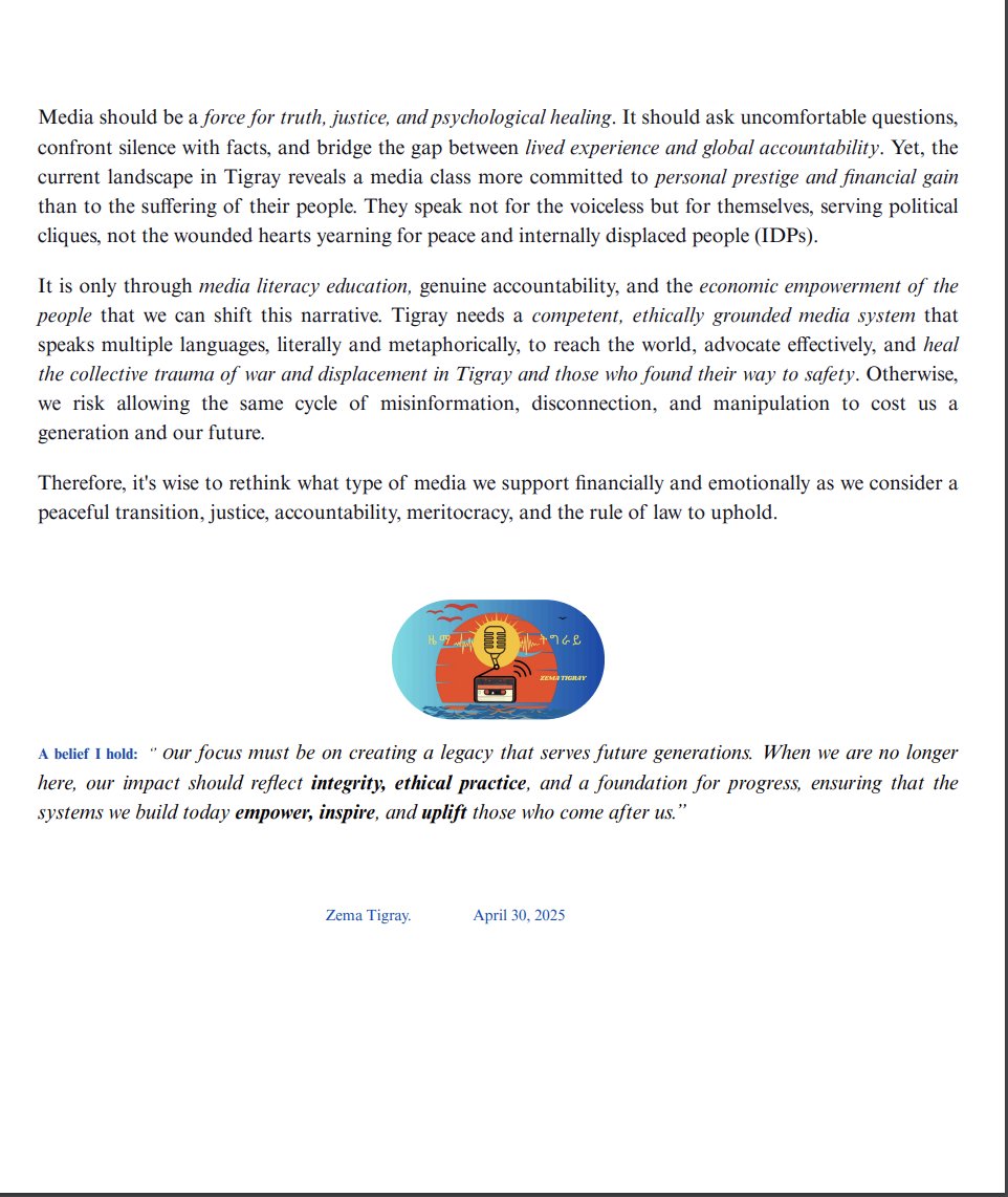 🎙️ዕቱብ ጠመተ ንሚድያታት ትግራርይ:

💚Tigray’s media must evolve. Degrees and donations mean little if truth, healing, and global advocacy are ignored. Media should amplify the voiceless, not egos. Without integrity and literacy, we risk losing a generation and our future.