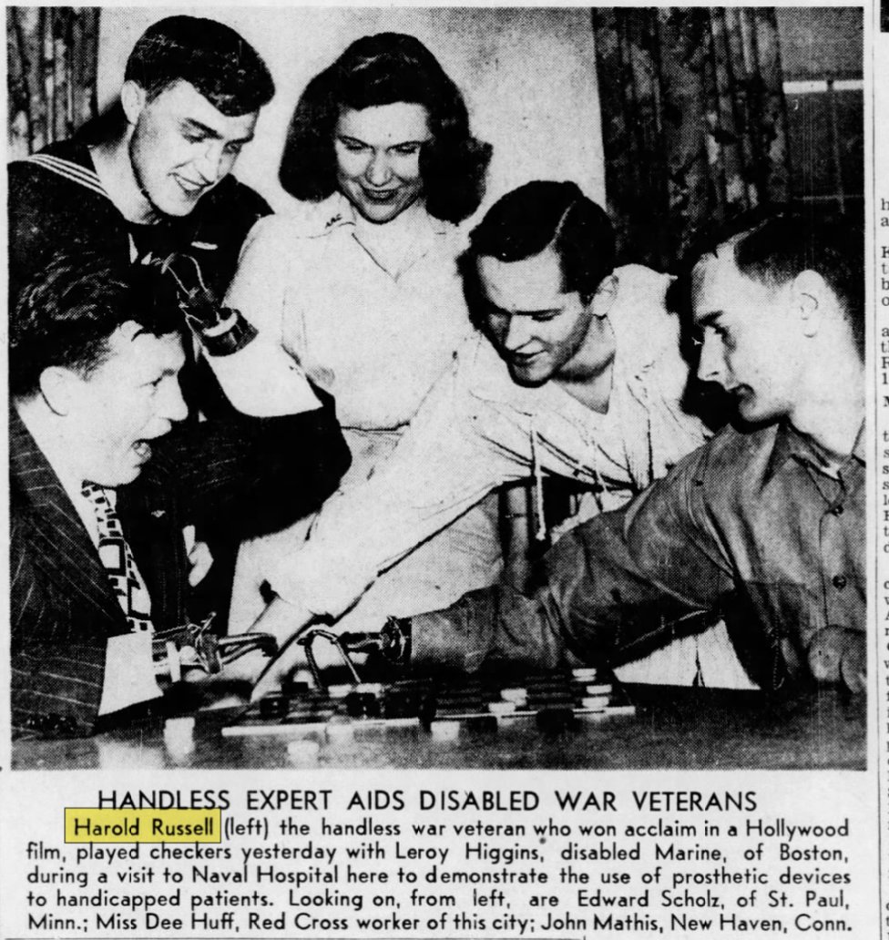 agmacor's tweet photo. In April 1947, "spunky" #HaroldRussell visits disabled servicemen recovering at the Naval Hospital in Philadelphia as #TheBestYearsofOurLives continues setting records around the country (and soon after in Europe). #TCMParty #Vetrans #Disability https://t.co/toNQhHcLaZ