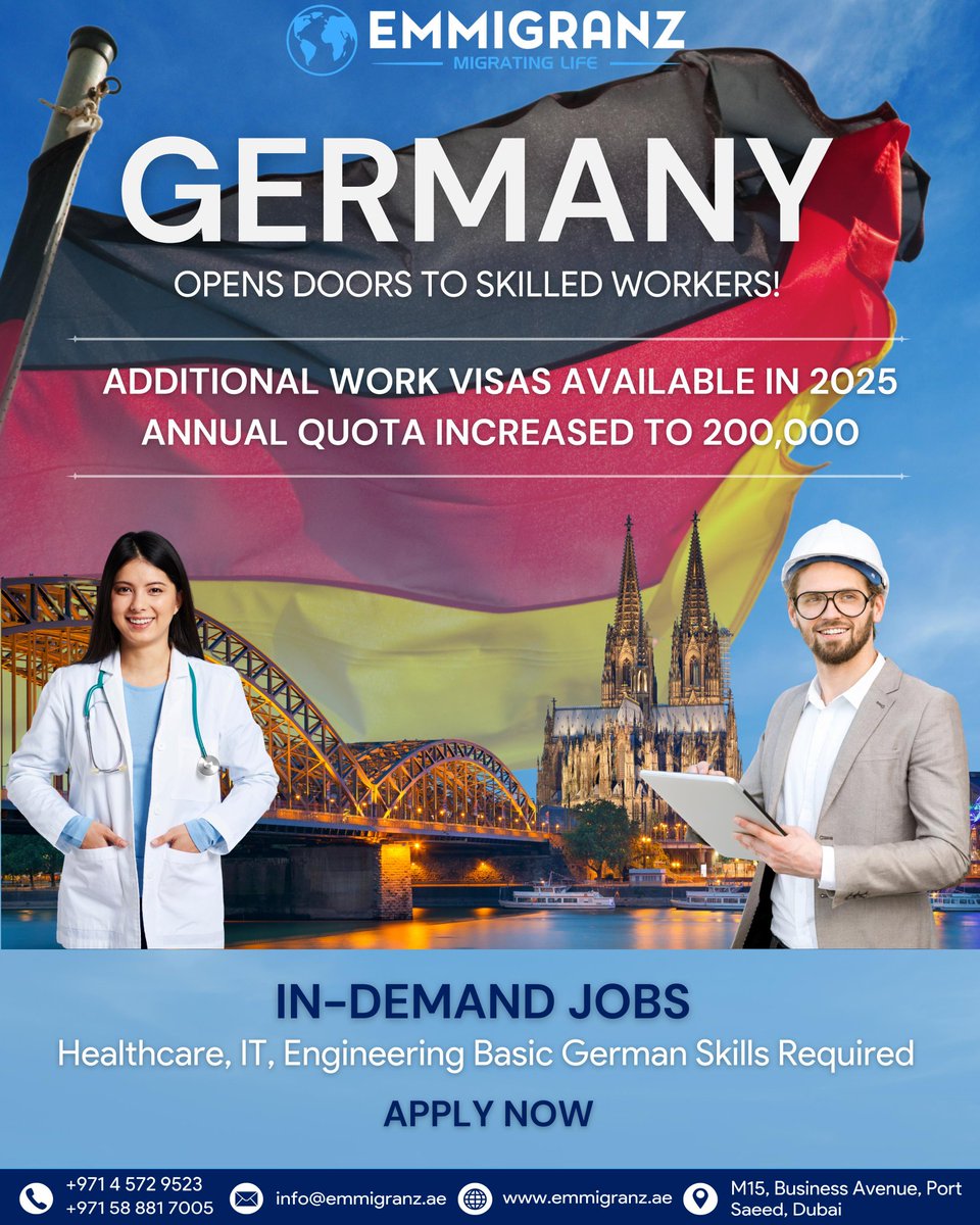 emmigranz's tweet image. Unlock Your Future in Germany 🌟: Explore the Opportunities 🎉💼📚
Apply today! 
📧  info@emmigranz.ae
📞 +971 4 572 9523/+971 58 881 7005
#germanyopportunity #workingingermany #unlockyourfuture #skilledworkers #skilledworkervisa #skilledworkergermany #emmigranz #emmigranzjourney