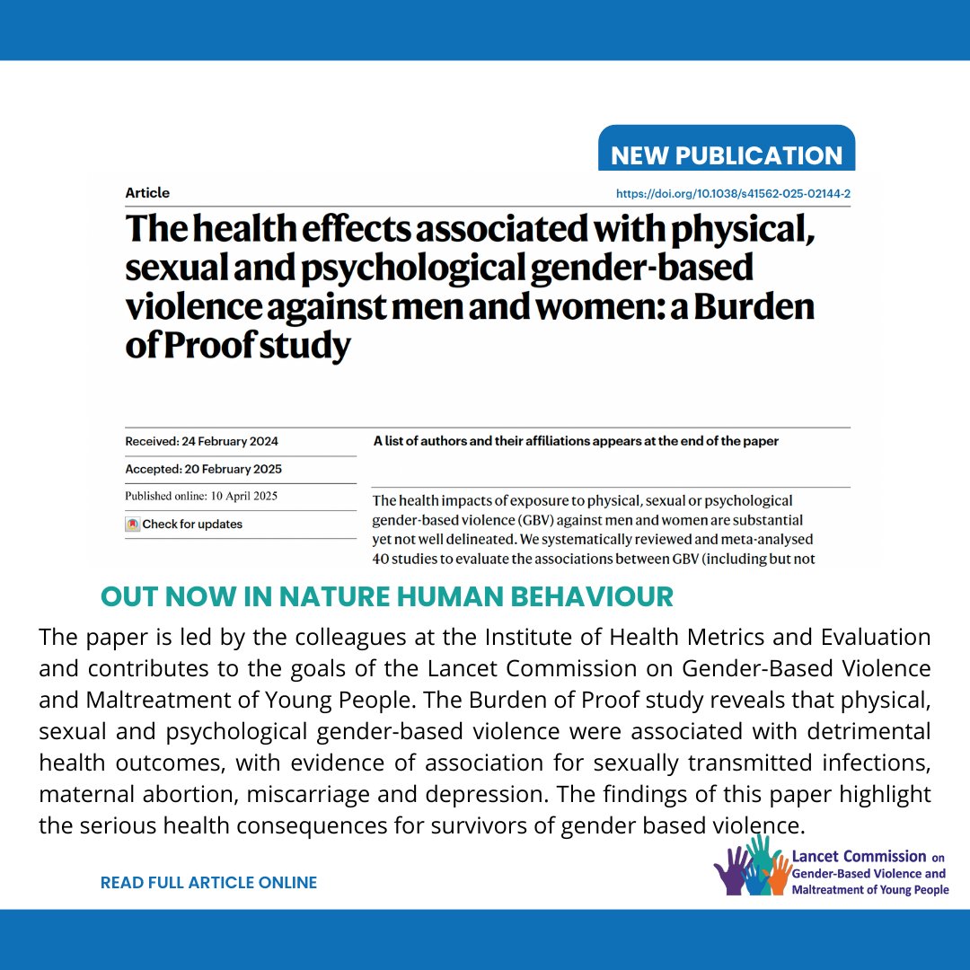 Dr Flavia Bustreo (@flaviabustreo) on Twitter photo 🆕study from <a href="/IHME_UW/">Institute for Health Metrics and Evaluation (IHME)</a> & part of our Lancet Commission #gbv. Severe health consequences of physical, psychological & sexual violence incl. risks of STIs, maternal abortion, miscarriage & depression
This must be a policy priority 4 governments!
<a href="/FeliciaKnaul/">Felicia Knaul</a>
nature.com/articles/s4156… 🆕study from <a href="/IHME_UW/">Institute for Health Metrics and Evaluation (IHME)</a> & part of our Lancet Commission #gbv. Severe health consequences of physical, psychological & sexual violence incl. risks of STIs, maternal abortion, miscarriage & depression
This must be a policy priority 4 governments!
<a href="/FeliciaKnaul/">Felicia Knaul</a>
nature.com/articles/s4156…