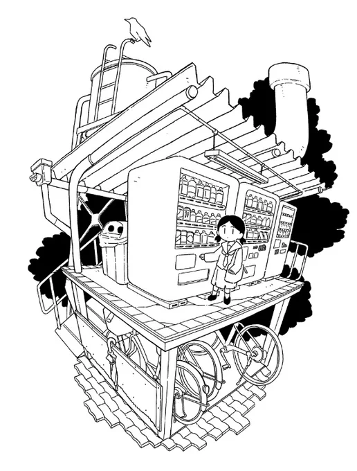 先程の絵のラフとか線画とか こんな感じでした (歪んだパースをやってみたかった絵) 