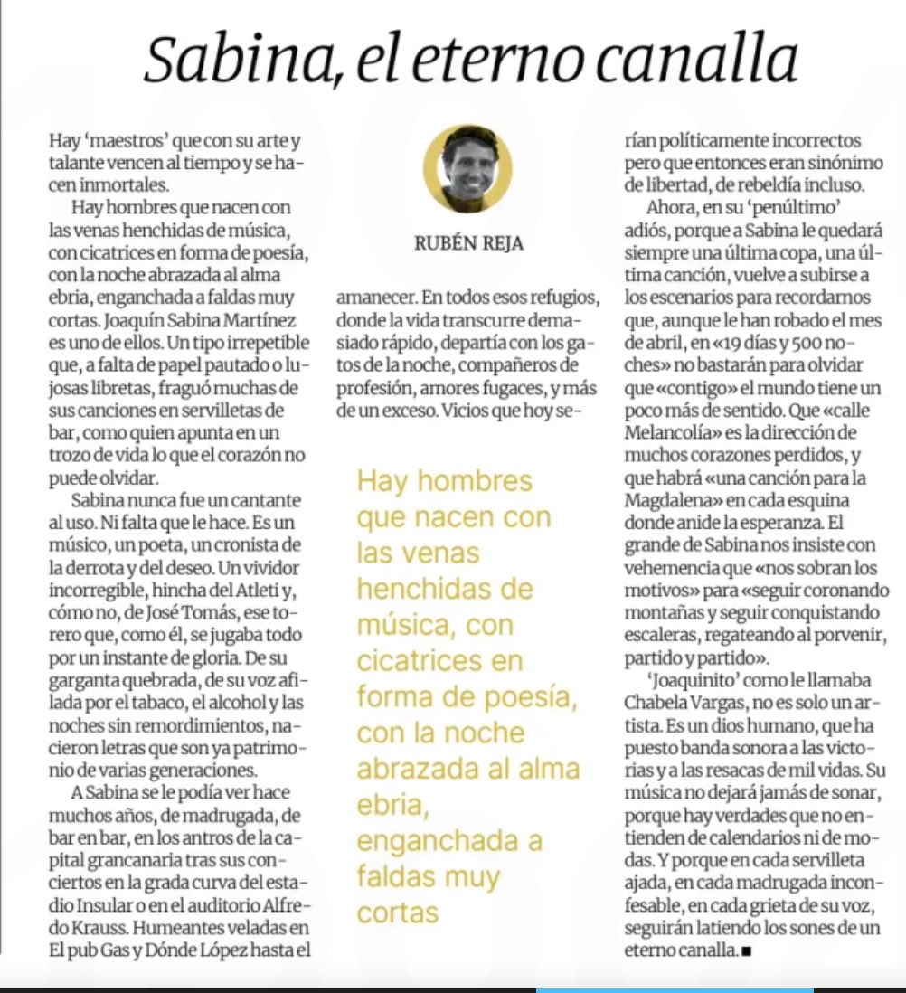 Hay hombres que nacen con las venas henchidas de música, con cicatrices en forma de poesía, con la noche abrazada al alma ebria, enganchada a faldas muy cortas
Grande <a href="/JSabinaOficial/">Joaquín Sabina</a>