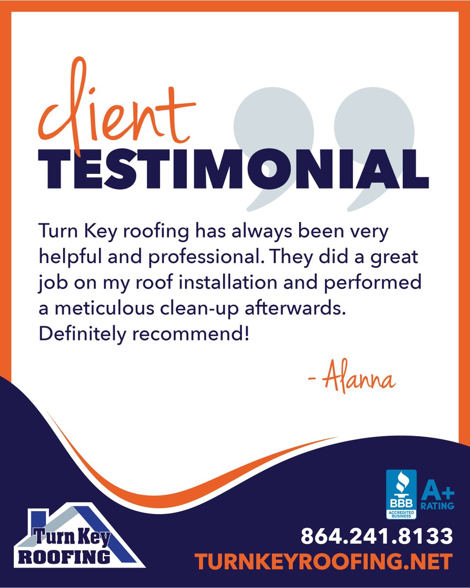 We’re always grateful for kind words from clients like Alanna! ⭐

TurnKeyRoofing.net

#TurnKeyRoofing #Roofing #SeeShockCity #AndersonIsMyTown #Roofer #SupportLocal #YeahThatGreenville #SolidOrange #GVLToday