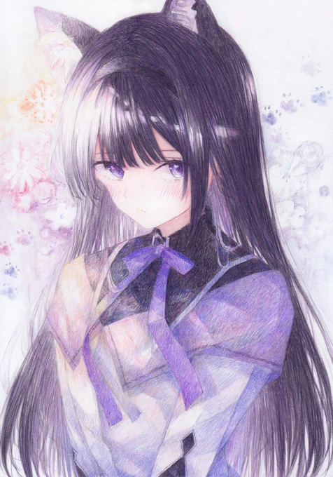 主に色鉛筆で描きました。背景に透明水彩も使用しております。魔法少女まどか☆マギカから、暁美ほむらです。ねこみみほむらちゃん#魔法少女まどかマギカ 