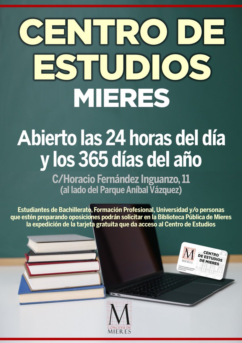 Este viernes 2 de mayo, a las 10 horas, abrimos la nueva Sala de Estudios de Mieres, ubicada en la calle Horacio Fernández Inguanzo, al lado del parque Aníbal Vázquez.

Pide en la Biblioteca de Mieres la tarjeta gratuita para este centro, que estará abierto 24 horas los 365 días.