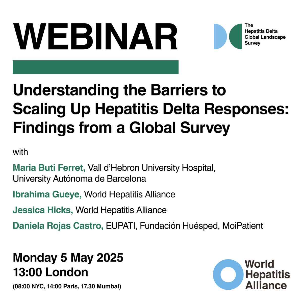 World Hepatitis Alliance (@hep_alliance) on Twitter photo Less than one week to go! 🙌
Join an expert panel of speakers on Monday to discuss results of the first ever Hepatitis Delta Global Landscape Survey, and what must be done to improve hepatitis D responses worldwide.
Register here: us02web.zoom.us/j/83865158767 Less than one week to go! 🙌
Join an expert panel of speakers on Monday to discuss results of the first ever Hepatitis Delta Global Landscape Survey, and what must be done to improve hepatitis D responses worldwide.
Register here: us02web.zoom.us/j/83865158767
