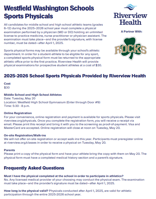 rocksathletics's tweet photo. Westfield Washington Schools Sports Physicals ☘️ https://t.co/fwfI2uZw4O