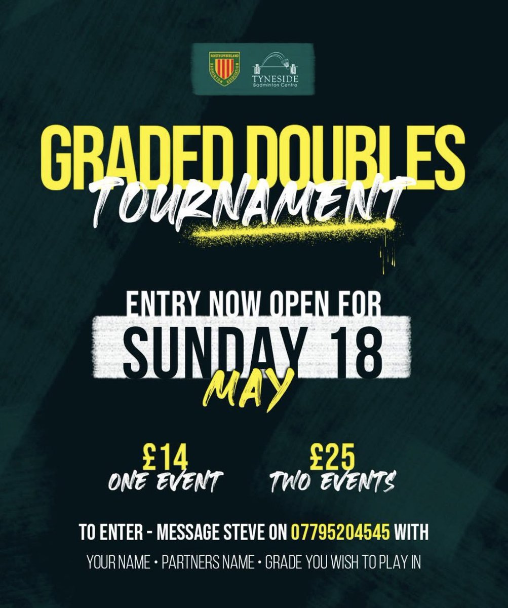 🏸 GRADED TOURNAMENT 🏸
📅 - Sunday 18th May
📍 - Tyneside Badminton Centre 
👫 - Mixed Doubles &amp; Level Doubles
💰- £14 for one event or £25 for two events