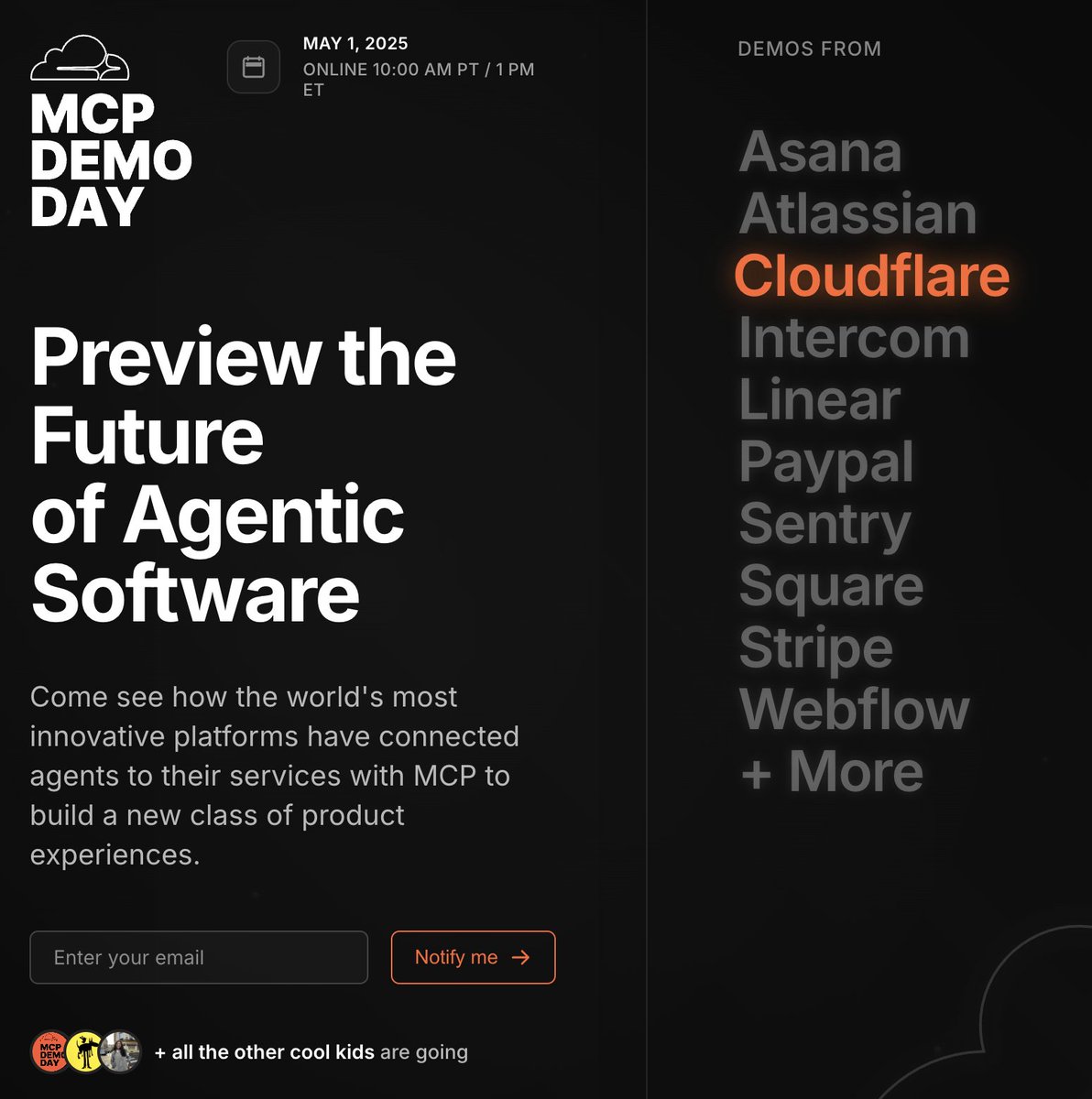 🚨 tomorrow (May 1st) @ 10:00 PT/1 PM ET 
🎞️ MCP demos from <a href="/asana/">asana</a>, <a href="/Atlassian/">Atlassian</a>, <a href="/intercom/">Intercom</a> , <a href="/linear/">Linear</a> , <a href="/PayPal/">PayPal</a> , <a href="/getsentry/">Sentry</a> , <a href="/Square/">Square</a> , <a href="/stripe/">Stripe</a> , <a href="/webflow/">Webflow</a> (and more!) 

will make you feel like you're living in the future ✨

trust me, you don't want to miss it. register 👇
