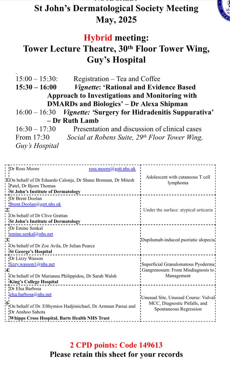 Hybrid meeting 1 May 2025. Guy’s Tower. Details on programme.