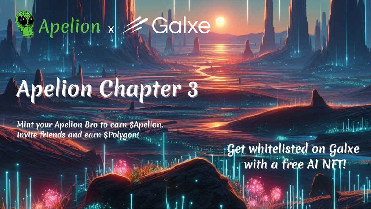 Alien Ape Invasion Club (@alienapeic) on Twitter photo 👽🤝 GM & Follow = GM & Follow Back 🤝👽
We can neither confirm nor deny this is the beginning of Apelion Chapter 3 👀
🎯 Complete our quest (powered by <a href="/GalxeQuest/">Galxe Quest</a>): app.galxe.com/quest/AlienApe… to mint a FREE AI NFT & unlock:
1️⃣ WL for Apelion Bro NFT from the GM Apelion 👽🤝 GM & Follow = GM & Follow Back 🤝👽
We can neither confirm nor deny this is the beginning of Apelion Chapter 3 👀
🎯 Complete our quest (powered by <a href="/GalxeQuest/">Galxe Quest</a>): app.galxe.com/quest/AlienApe… to mint a FREE AI NFT & unlock:
1️⃣ WL for Apelion Bro NFT from the GM Apelion