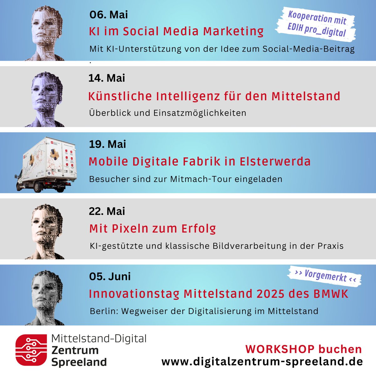 🎯 Neuer Workshop mit starker Resonanz ❗️ 
Wie mit Künstlicher Intelligenz das Social Media Marketing effizienter wird, das bewegt offensichtlich viele Unternehmen. Wir treffen uns online, also können auch Sie noch dabei sein.
ℹ️ Anmeldung hier: digitalzentrum-spreeland.de/Veranstaltungen