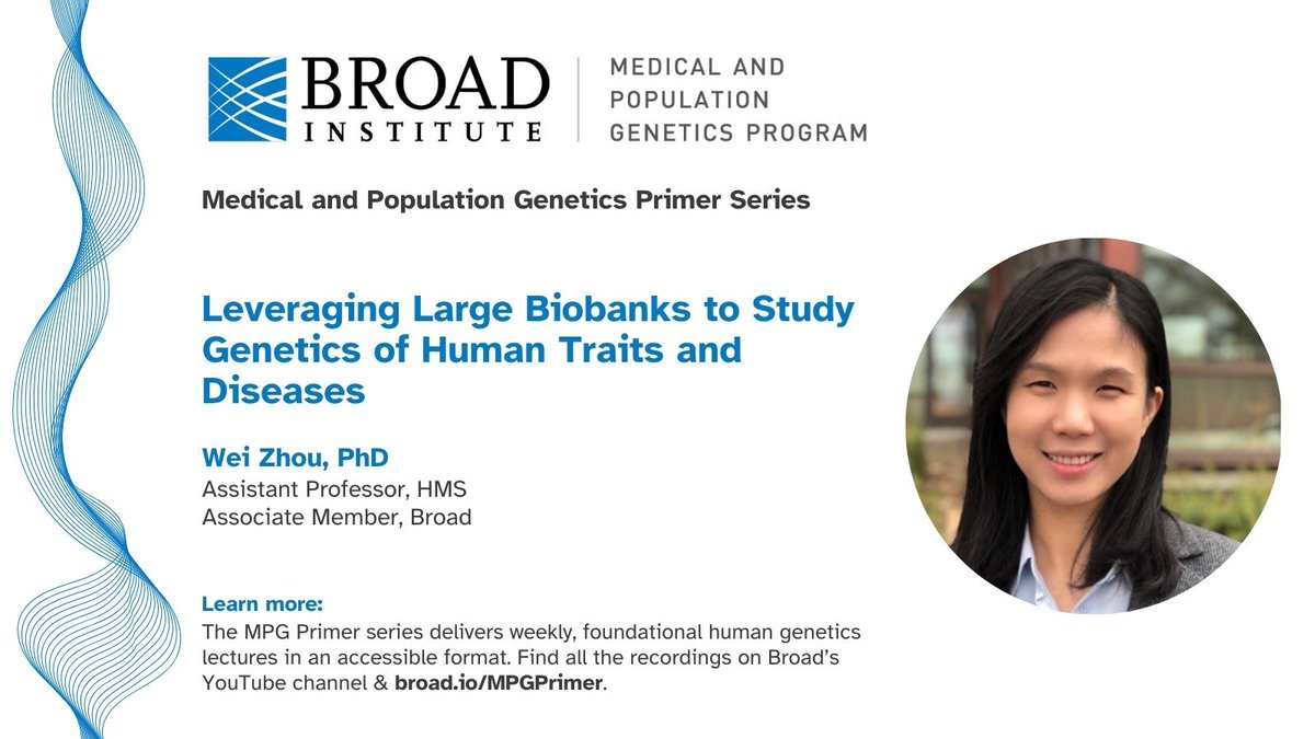 📣The recording of "Leveraging large biobanks to study genetics of human traits and diseases" by <a href="/weizhouw/">Wei Zhou</a>  is now available: youtube.com/watch?v=bpb7-r… This talk is part of <a href="/broadinstitute/">Broad Institute</a>'s MPG Primer series. For more info, check out broad.io/MPGPrimer