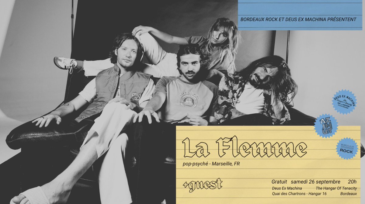 🫠 𝗟𝗮 𝗙𝗹𝗲𝗺𝗺𝗲 𝗹𝗲 𝟮𝟲 𝘀𝗲𝗽𝘁𝗲𝗺𝗯𝗿𝗲 𝗮̀ DEUS 

Kéfar le 26 septembre prochain ? L'ouragan garage-punk marseillais : débarque à Bordeaux le 26 septembre pour un concert gratuit à Deus Ex Machina !

📍 Deus
🕦 à partir de 20h
🆓 Gratuit

#BordeauxRock