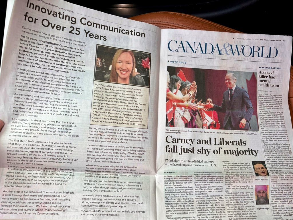 LauraBabcock's tweet image. Just picked up @TheSpec
Thanks to my amazing team at Powergroup.ca for 25 years of innovating communication!
You lead with your values and always bring the very best for our clients across Canada.
Here's to 25 more years of powerful results! #HamOnt #Canada 🇨🇦👏