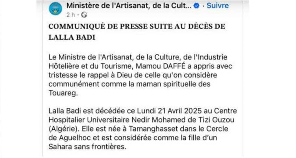 Une publication sur X a semé la confusion en affirmant que le Mali🇲🇱 considérait Tamanrasset (Algérie🇩🇿) comme une commune de la région de Kidal. Elle a été relayée après le décès de la célèbre musicienne touareg Lalla Badi.

Faux, nous vous en disons plus ici⤵️