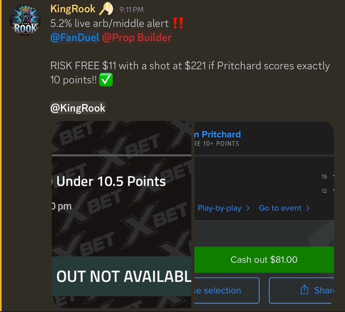King Rook (@kingrookdfs) on Twitter photo Another incredible day using <a href="/OddsJam/">OddsJam.com</a> arbitrage tool to identify arb and middle opportunities! 🔥
My son had a baseball game so got started later last night and still made some serious cash! 💪🏼
Daily Profit: $386 💵
Hit an awesome middle with Pritchard points to profit $221! Another incredible day using <a href="/OddsJam/">OddsJam.com</a> arbitrage tool to identify arb and middle opportunities! 🔥
My son had a baseball game so got started later last night and still made some serious cash! 💪🏼
Daily Profit: $386 💵
Hit an awesome middle with Pritchard points to profit $221!
