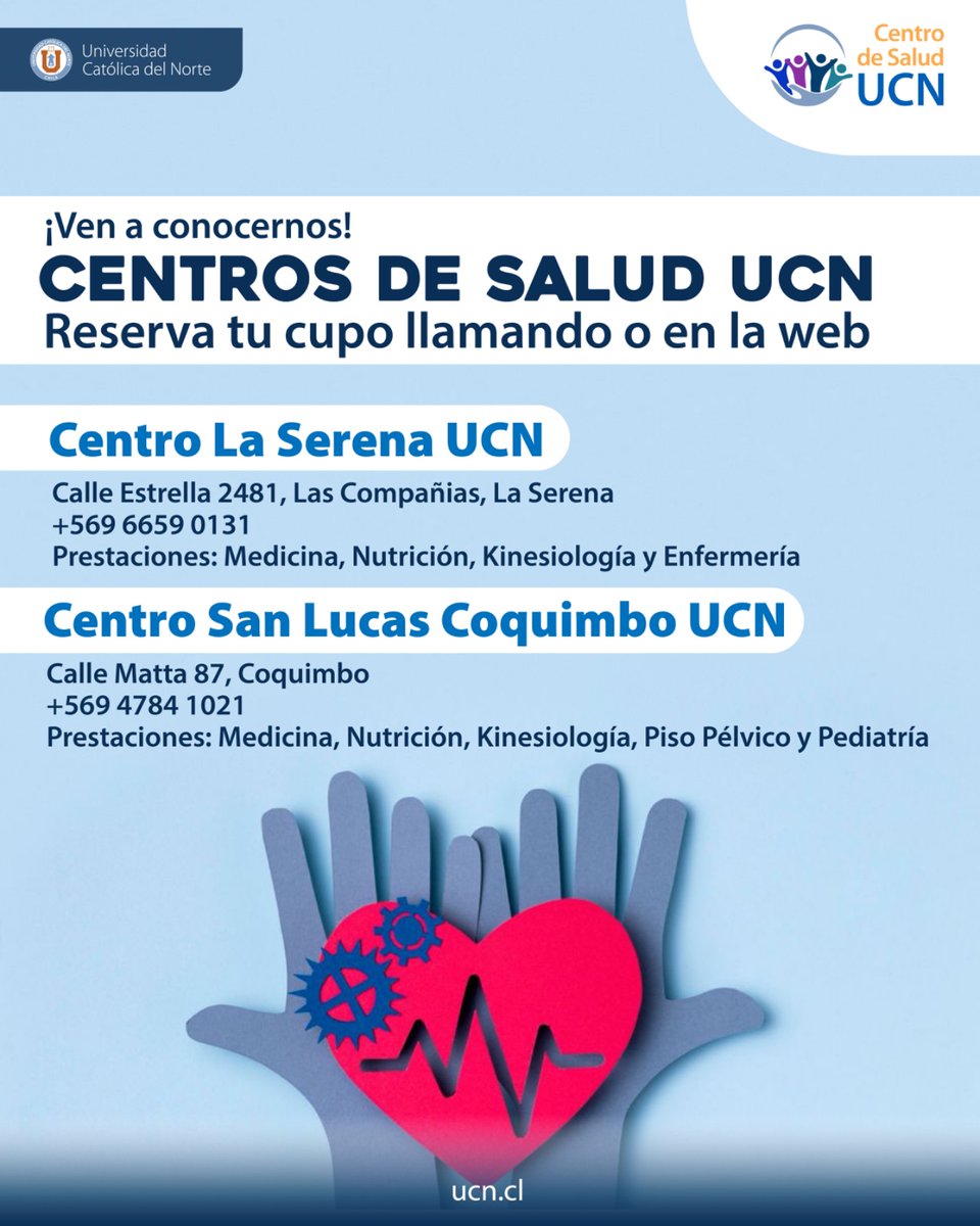 ¿Necesitas atención de salud? ¡Ven a conocernos!🏥
La atención es abierta a toda la comunidad, para más información puedes contactar al Instagram @centrosdesaluducn o visitando la página web policlinicoucn.cl

¡No duden en acercarse!

#PORQUELAUCNTECUIDA #UCN #UCNCOQUIMBO