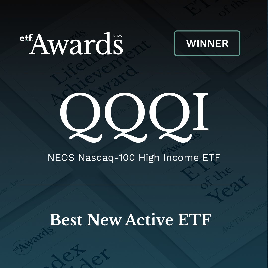 NEOSInvestments's tweet image. 🎉 A big win for the NEOS Nasdaq-100 High Income ETF (QQQI) — awarded “Best New Active ETF” at the @ETFcom Awards! This honor highlights the Fund's growing adoption, unique characteristics, and cements its role as part of the next evolution of options-based strategies in this…