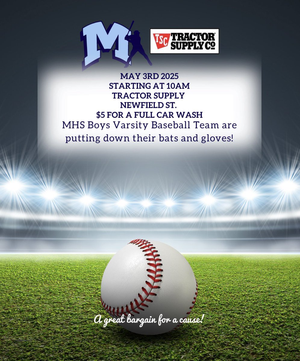 Come get your car washed this Saturday morning at Tractor Supply on Newfield St! $5 per wash and funds go directly to the baseball program!