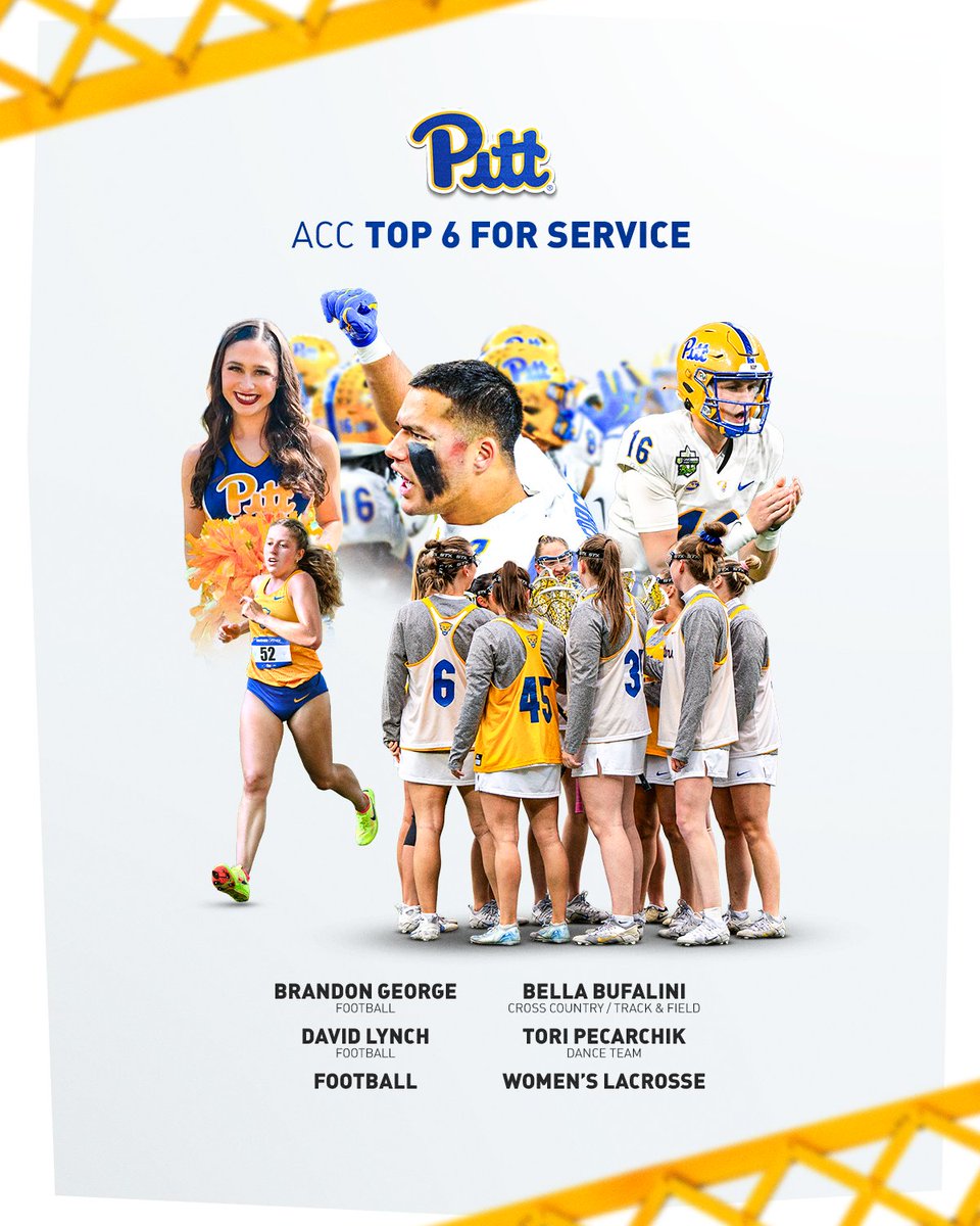 Shoutout to our ACC Top Six for Service Awardees!

👏 Brandon George
👏 David Lynch
👏 Bella Bufalini
👏 Tori Pecarchik
👏 <a href="/Pitt_FB/">Pitt Football</a> 
👏 <a href="/Pitt_WLAX/">Pitt Lacrosse</a> 

These Panthers are dedicated community partners 💙💛

Read more: pi.tt/2425ACC6