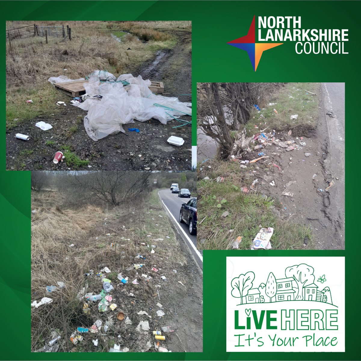 Last weekend we removed three van loads of rubbish and over 800 kg of litter from Howe Road.

There's no excuse for littering. Put it in a public bin or take it home and put it in your household bin.

It's your place - lets keep North Lanarkshire clean and safe.