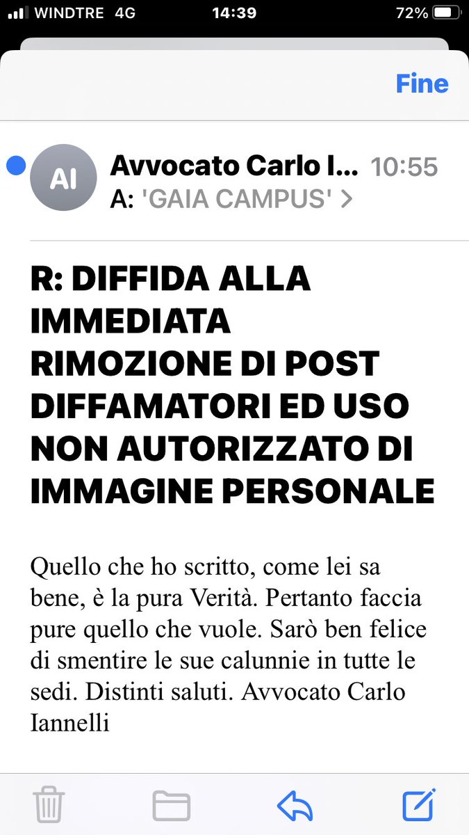 Egregia illustrissima avvocatessa Gaia Campus, anziché continuare ad inviarmi codeste sterili diffide, pensando di intimidirmi, mi denunci all’Autorita’ Giudiziaria. Come lei ben sa, la documentazione che ha prodotto avanti alla corte sportiva di appello della federciclismo, per