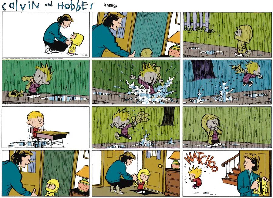 Turn a rainy day into a puddle-splashing adventure! ☔💦. #CalvinAndHobbes #RainyDayFun