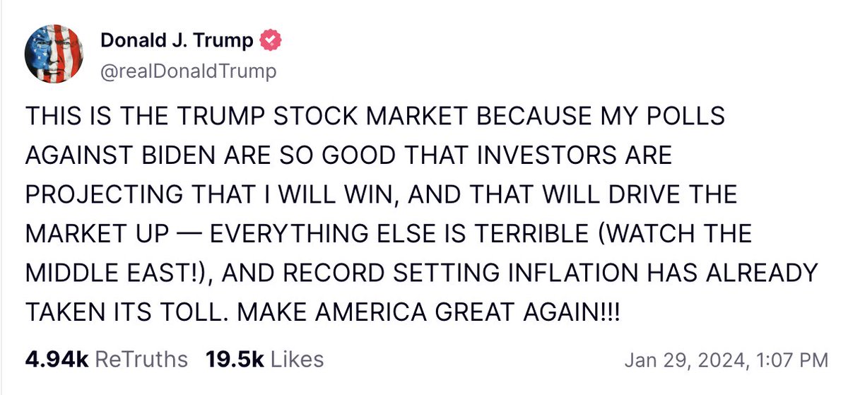 29 janvier 2024 : Trump (qui n'est pas au pouvoir) dit que les marchés vont bien, grâce à lui...  
30 avril 2025 : Trump est au pouvoir, les marchés ne vont pas bien, donc, c'est la faute à Biden