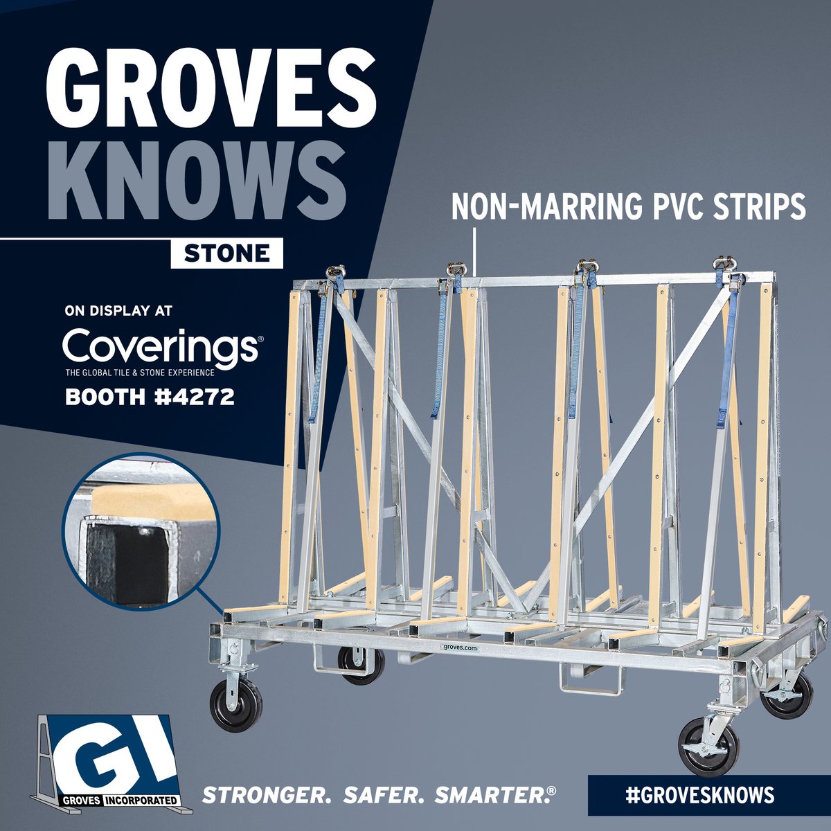 GrovesInc's tweet image. New from Groves — Say goodbye to marred slabs. Groves’ new Non-Marring PVC Strips replace standard rubber and deliver tough, beveled-edge protection to minimize damage when transporting slabs. Durable, easy to install, and built to last. See them in action at @Coverings, Booth…