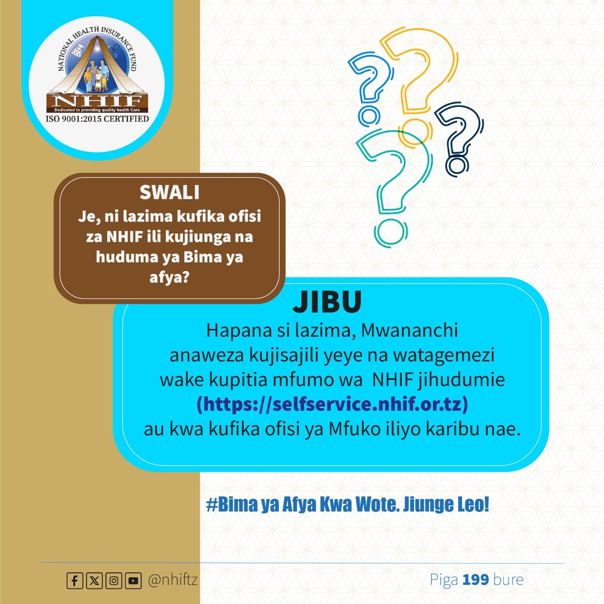 NHIF Tanzania (@nhiftz) on Twitter photo Bima ya Afya kwa Wote, Jiunge Sasa !!!
<a href="/wizara_afyatz/">Wizara ya Afya Tanzania ๐น๐ฟ</a> <a href="/TZMsemajiMkuu/">Msemaji Mkuu wa Serikali</a> <a href="/bima_afyatz/">BIMA YA AFYA KWA WOTE ๐น๐ฟ</a>
#uhakikawamatibabukwawote Bima ya Afya kwa Wote, Jiunge Sasa !!!
<a href="/wizara_afyatz/">Wizara ya Afya Tanzania ๐น๐ฟ</a> <a href="/TZMsemajiMkuu/">Msemaji Mkuu wa Serikali</a> <a href="/bima_afyatz/">BIMA YA AFYA KWA WOTE ๐น๐ฟ</a>
#uhakikawamatibabukwawote