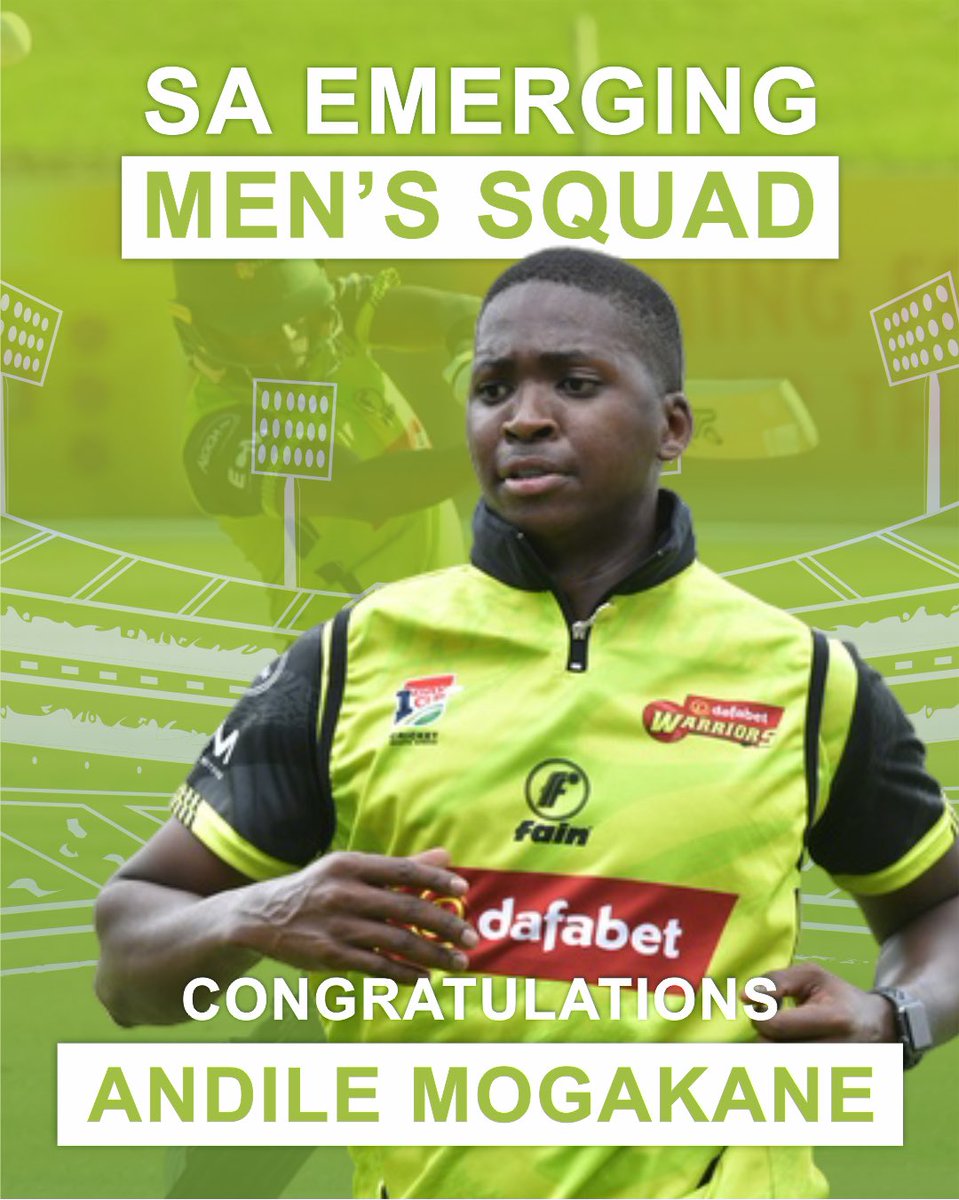 Rising through the ranks! Dafabet Warrior Andile Mogakane earns a well-deserved spot in the SA Emerging Men’s squad. Big things ahead for this talented player !

#AndileMogakane #DafabetWarriors #SAEmerging #CricketSouthAfrica #FutureStar #WarriorsCricket #RisingTalent