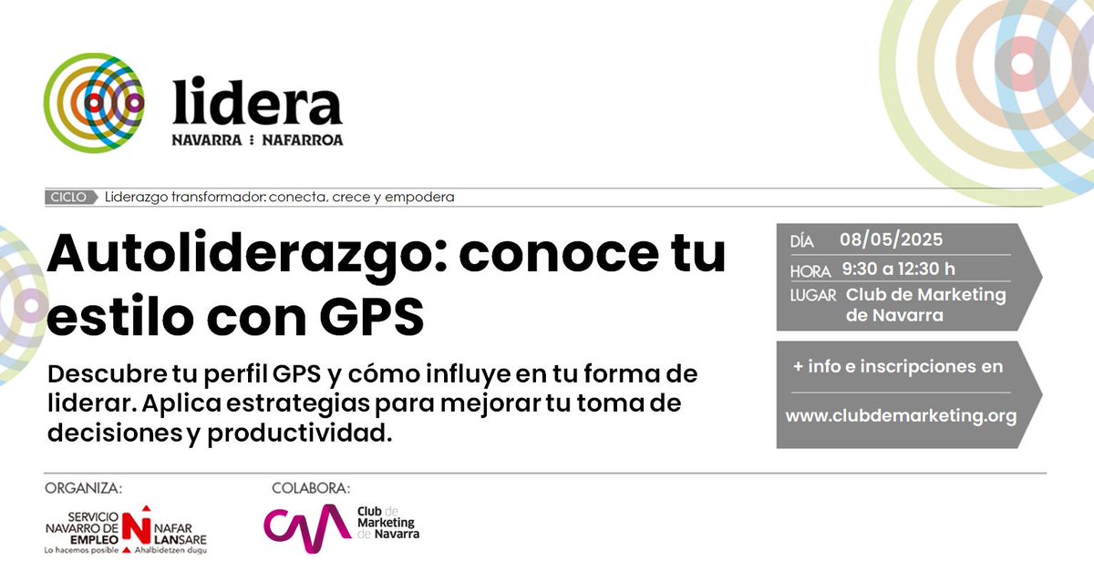 🧠Más allá de ChatGPT (5 mayo)
🌿Renovación de energía para el liderazgo (6–8 mayo)
🌏Cómo vender en China y Taiwán (7 mayo)
🧭Autoliderazgo con GPS (8 mayo)

✍️Más info e inscripciones: empleo.navarra.es/navarralidera