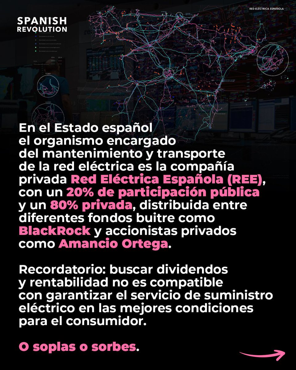 Spanish_Revo's tweet photo. Hemos dejado un bien esencial como es la electricidad en manos de fondos buitre e inversores privados, ¿qué podría salir mal? Pues por ejemplo, un apagón nacional.

En el Estado español el organismo encargado del mantenimiento y transporte de la red eléctrica es la compañía privada Red Eléctrica Española (REE), con un 20% de participación pública y un 80% privada, distribuida entre diferentes fondos buitre como BlackRock y accionistas privados como Amancio Ortega. 

El oligopolio eléctrico (Endesa, Iberdrola, Naturgy y EDP) controla el 95% de la red, lo que les genera un beneficio brutal: 5.400 millones anuales, de los cuales solo el 26,8% son costes de operación y mantenimiento. Y quieren más. Para los próximos años exigen un aumento del 84% por usar sus redes de distribución, para llegar hasta los10.000 millones anuales. 

La pregunta clave que debemos hacernos sobre la gestión de la red eléctrica es: ¿Se está dando más importancia a ofrecer un servicio esencial a la población o a maximizar los beneficios de los accionistas? Según el experto en energía Antonio Turiel, la respuesta es evidente: "Por ganar un poquito más de dinero han dejado el país a oscuras".
A falta de conocer los detalles exactos, todo indica a que el apagón nacional se ha debido a la integración descontrolada de la energía renovable y la falta de previsión y medidas de control. Una situación a la que se llega por la avaricia del sector privado, que antepone el beneficio económico a la calidad y seguridad del servicio. 
Las privatizaciones y puertas giratorias entre política y energéticas son las culpables de esta situación. Es hora de deshacer el camino.