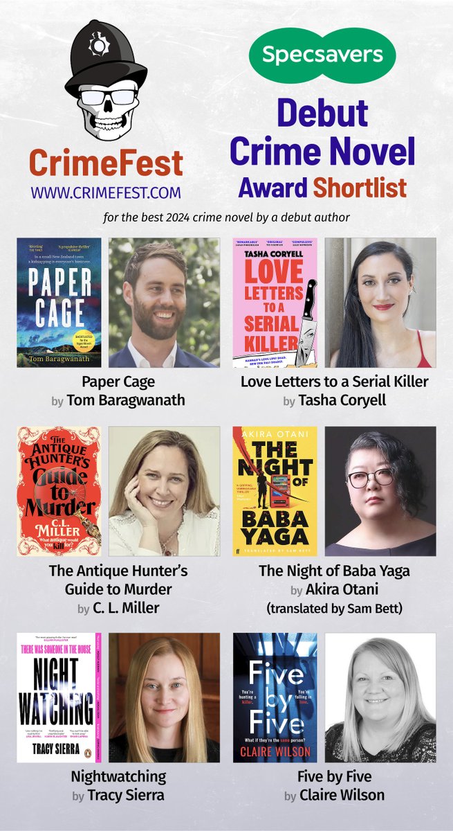 CrimeFest (@crimefest) on Twitter photo We begin with the hotly-contended <a href="/Specsavers/">Specsavers</a> Debut Crime Novel Award, with a ÂŁ1k cash prize.
The shortlist is: <a href="/TBaragwanath/">Tom Baragwanath</a>; Tasha Coryell <a href="/CLMillerAuthor/">Cara Miller / C. L. Miller</a>; Akira Otani; <a href="/tsierraauthor/">Tracy Sierra</a>; <a href="/ByClaireWilson/">Claire Wilson</a> We begin with the hotly-contended <a href="/Specsavers/">Specsavers</a> Debut Crime Novel Award, with a ÂŁ1k cash prize.
The shortlist is: <a href="/TBaragwanath/">Tom Baragwanath</a>; Tasha Coryell <a href="/CLMillerAuthor/">Cara Miller / C. L. Miller</a>; Akira Otani; <a href="/tsierraauthor/">Tracy Sierra</a>; <a href="/ByClaireWilson/">Claire Wilson</a>