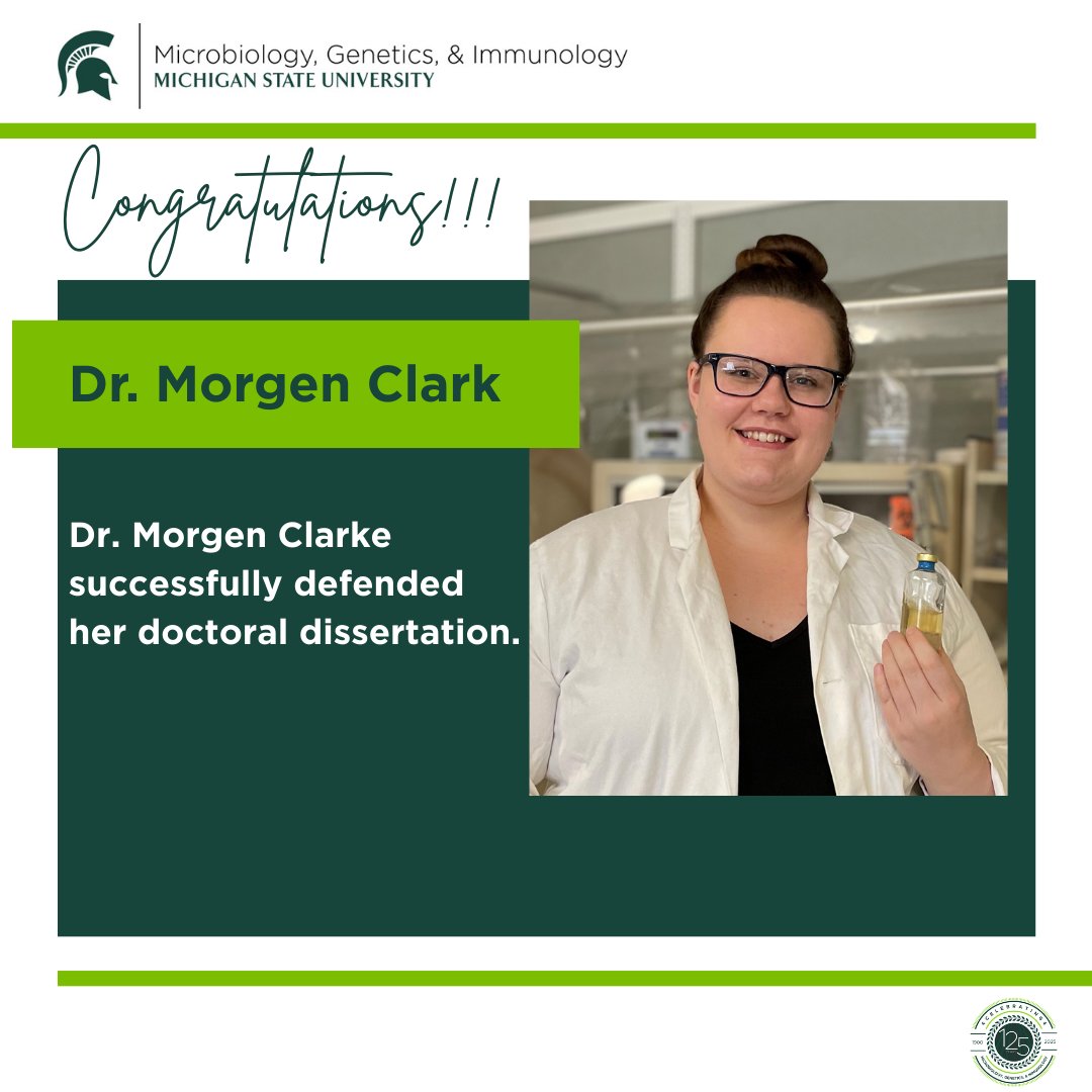Congratulations to MGI's newest graduate, Dr. Morgen Clark! Clark successfully defended her dissertation research, entitled "Adaptive mechanisms for metal detoxification by electroactive bacteria." Her work was done in the Reguera Lab.