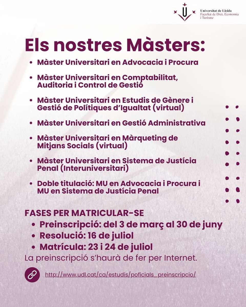 📚 Vols continuar formant-te a la FDET?
Dijous 8 de maig, a les 13 h, t'esperem a la Sala de Juntes 1.35 per a la Presentació dels Màsters Universitaris.
Informa't, resol dubtes i prepara el teu futur acadèmic!

#fdet #udl #màsters #formació