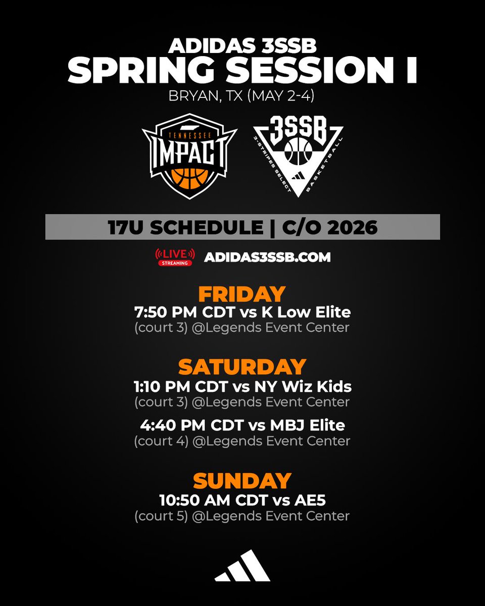 17u 2026 Tennessee Impact @3ssbcircuit Session 1 in Bryan, TX. 

#reptheshield #tenneseeimpact #allheart #makeanimpact #tnimpact #tennesseehoops #adidasbasketball #3SSB #3StripesSelectBasketball
