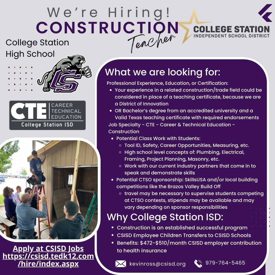 We're looking for some great #csisdcte teachers! Apply at College Station I.S.D. JOBS: csisd.tedk12.com/hire/index.aspx

College Station High School