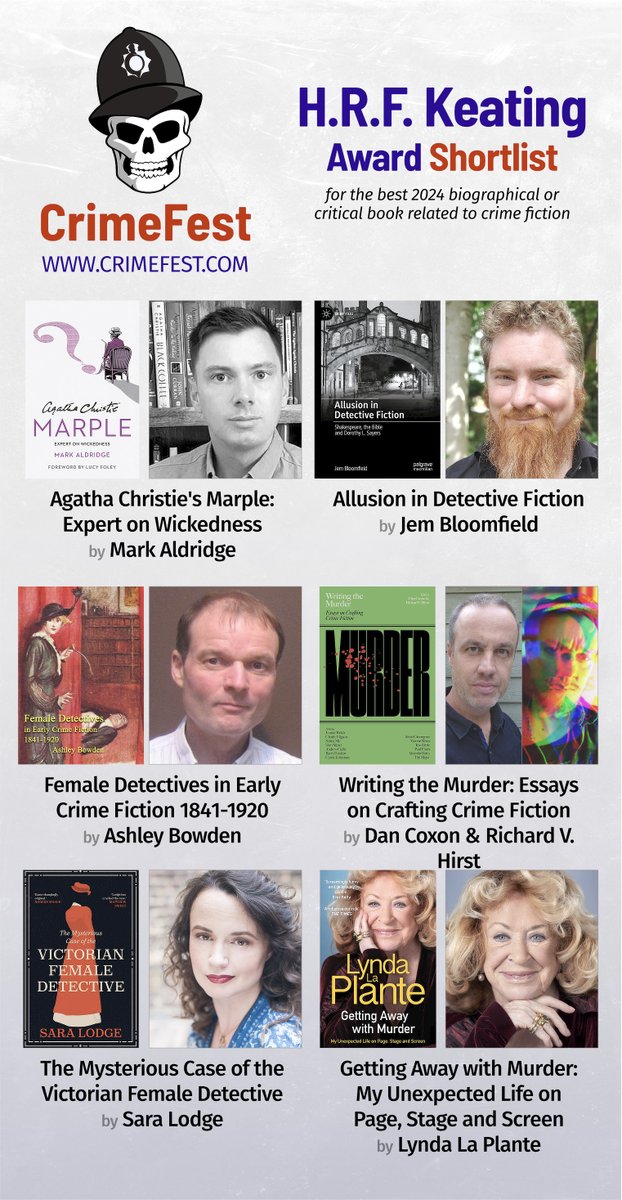CrimeFest (@crimefest) on Twitter photo The 2025 #CrimeFest shortlist for the H.R.F Keating Award for non-fiction, is: <a href="/DrMarkAldridge/">Mark Aldridge</a>; <a href="/jembloomfield/">Jem Bloomfield</a>; Ashley Bowden; Dan Coxon & <a href="/vivmondo/">Richard V. Hirst</a>; <a href="/LearNonsense/">Dr Sara Lodge</a>; <a href="/LaPlanteLynda/">Lynda La Plante</a> The 2025 #CrimeFest shortlist for the H.R.F Keating Award for non-fiction, is: <a href="/DrMarkAldridge/">Mark Aldridge</a>; <a href="/jembloomfield/">Jem Bloomfield</a>; Ashley Bowden; Dan Coxon & <a href="/vivmondo/">Richard V. Hirst</a>; <a href="/LearNonsense/">Dr Sara Lodge</a>; <a href="/LaPlanteLynda/">Lynda La Plante</a>