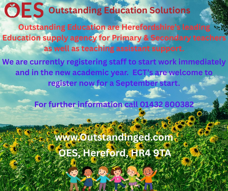 OES are currently recruiting staff to start supply work this term and for the new academic year, call 01432 800382