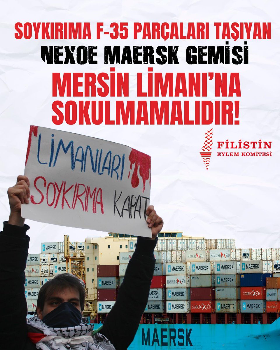 ‼️Filistin halkına bomba yağdıran uçaklara parça taşıyan Maersk Nexoe gemisi Hayfa’dan Mersin’e doğru yola çıktı.

Soykırımda suç ortaklığı olan bu gemi limanlara sokulmamalıdır. Filistin halkının dostlarını bu gemiye karşı Mersin’de yapılacak eylemlere güç vermeye çağırıyoruz.