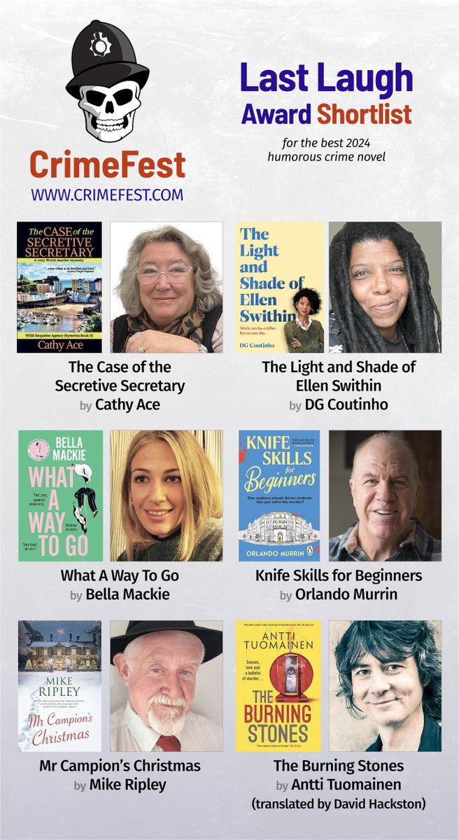 CrimeFest (@crimefest) on Twitter photo The 2025 #CrimeFest shortlist for the Last Laugh Award is: <a href="/AceCathy/">Cathy Ace</a>; DG Coutinho; Bella Mackie; <a href="/orlandomurrin/">Orlando Murrin</a>; Mike Ripley; <a href="/antti_tuomainen/">Antti Tuomainen</a> The 2025 #CrimeFest shortlist for the Last Laugh Award is: <a href="/AceCathy/">Cathy Ace</a>; DG Coutinho; Bella Mackie; <a href="/orlandomurrin/">Orlando Murrin</a>; Mike Ripley; <a href="/antti_tuomainen/">Antti Tuomainen</a>