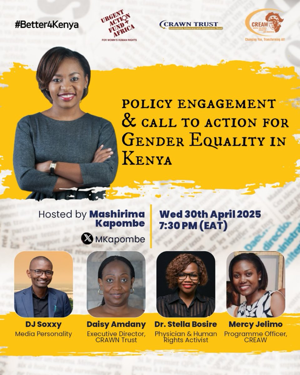 Join @mashirima_kapombe on X Space today at 7:30 PM for a powerful conversation on gender equality and policy engagement in Kenya, reflecting on 30 years of the Beijing Platform for Action. She’ll be joined by an incredible lineup of panelists. Don’t miss it!