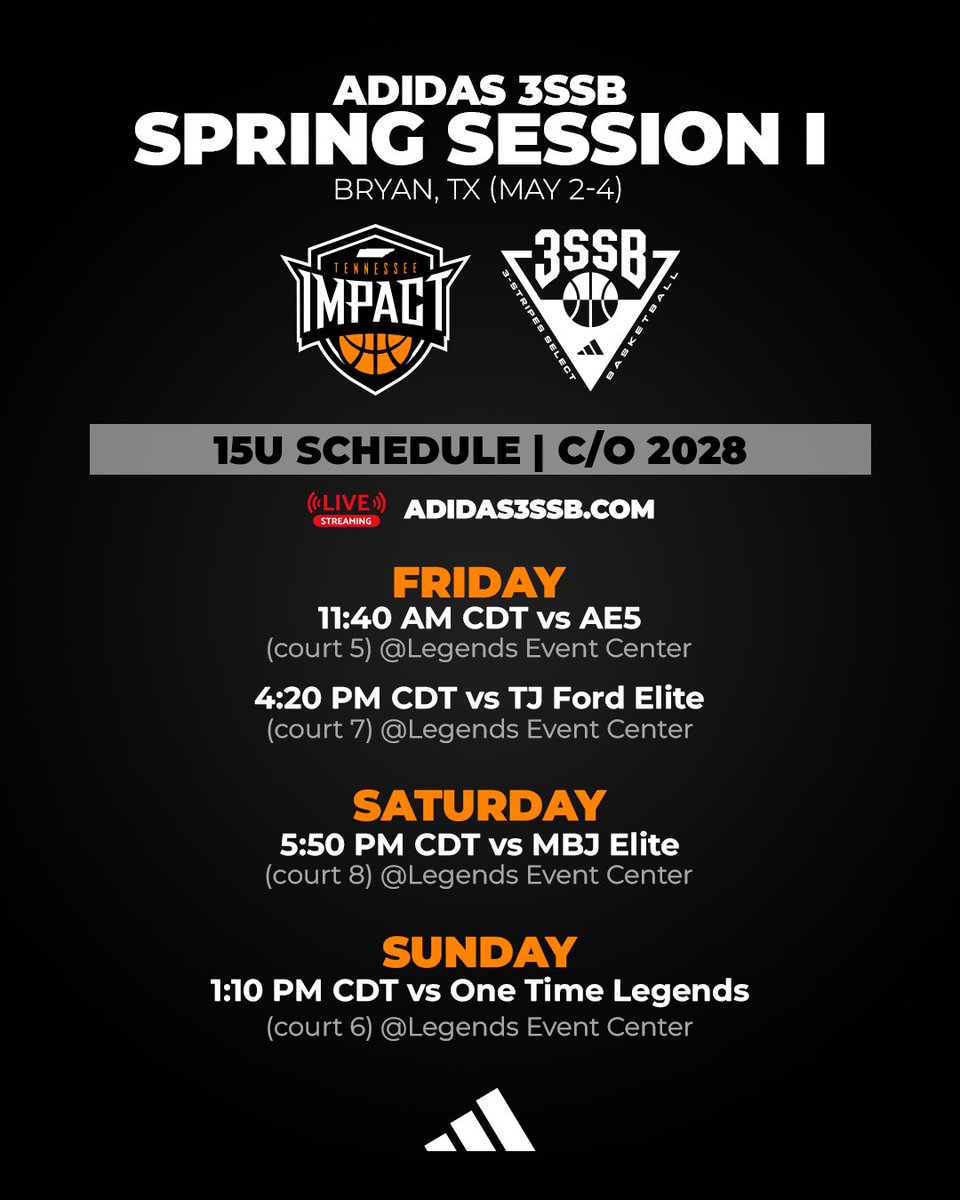 15u 2028 Tennessee Impact @3ssbcircuit Session 1 in Bryan, TX. 

#reptheshield #tenneseeimpact #allheart #makeanimpact #tnimpact #tennesseehoops #adidasbasketball #3SSB #3StripesSelectBasketball